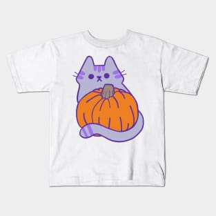 Purple Kitty with Pumpkin Kids T-Shirt